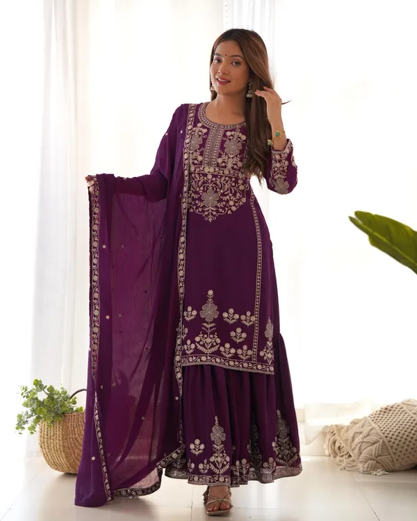 Pure_Chinnon_Silk_Fabric_Top_With_Duppta_Set_Sharara_Ready_To_Wear