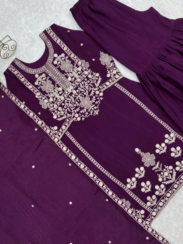 Pure_Chinnon_Silk_Fabric_Top_With_Duppta_Set_Sharara_Ready_To_Wear