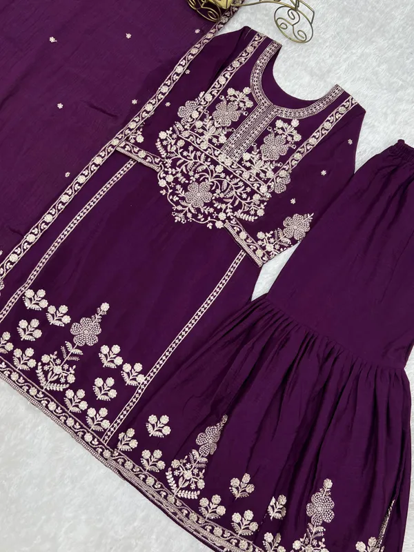 Pure_Chinnon_Silk_Fabric_Top_With_Duppta_Set_Sharara_Ready_To_Wear