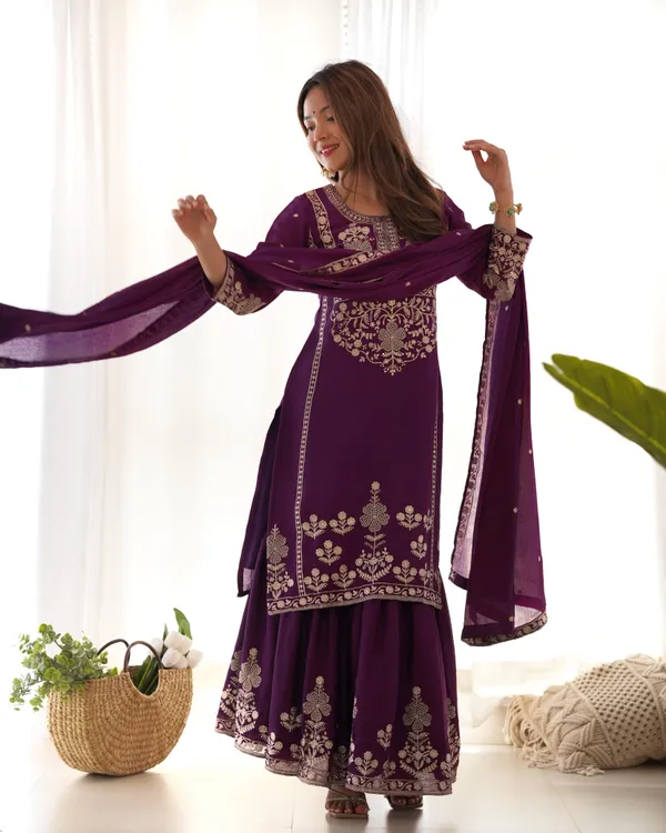 Pure_Chinnon_Silk_Fabric_Top_With_Duppta_Set_Sharara_Ready_To_Wear