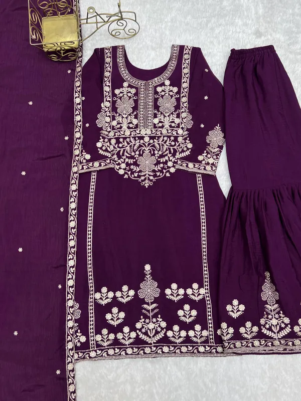 Pure_Chinnon_Silk_Fabric_Top_With_Duppta_Set_Sharara_Ready_To_Wear
