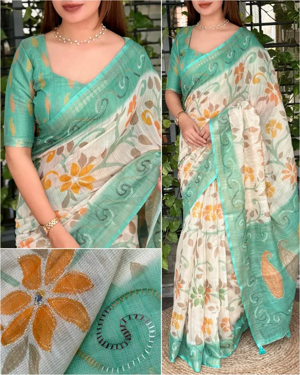 Designer_Print_In_Saree_With_Contrast_Printed_Blouse_Pista_Green