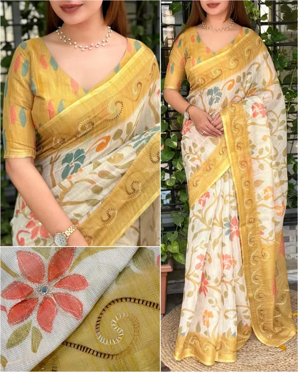 Designer_Print_In_Saree_With_Contrast_Printed_Blouse_Metalic_Yellow