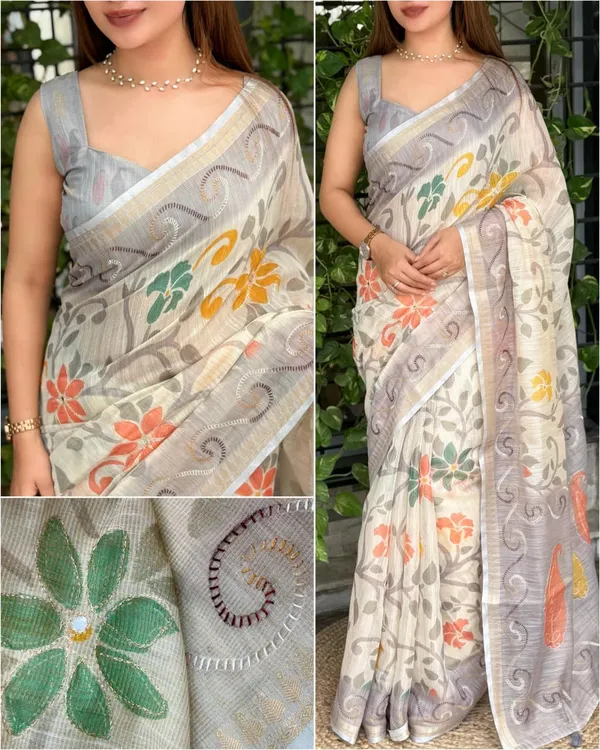 Designer_Print_In_Saree_With_Contrast_Printed_Blouse_Dusty_Grey