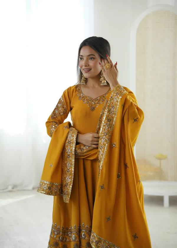 Elegant_Gown_Embroidered_Sequence_Designer_Anarkali_Three_Piece_Set_Yellow
