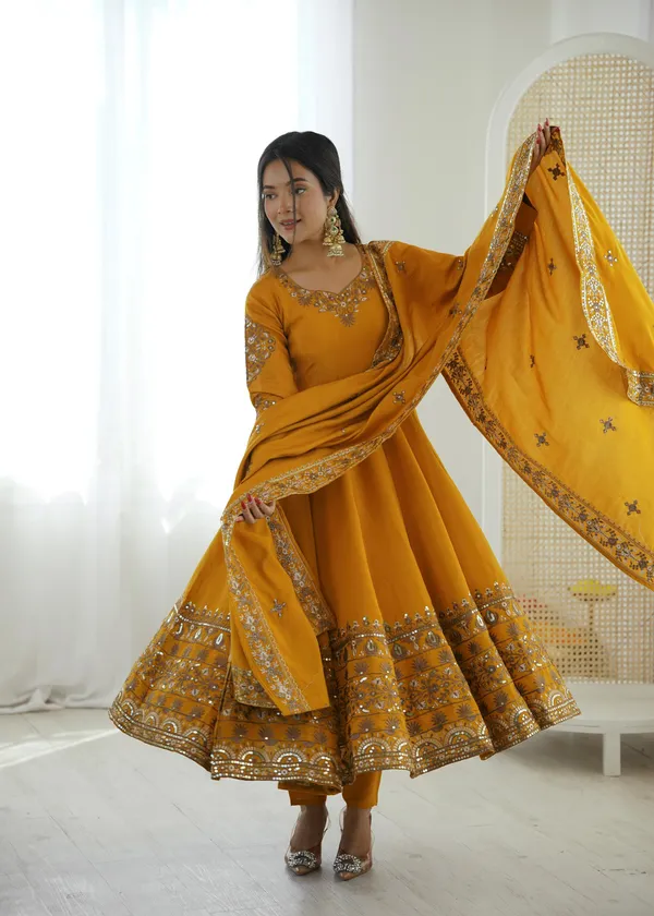 Elegant_Gown_Embroidered_Sequence_Designer_Anarkali_Three_Piece_Set_Yellow