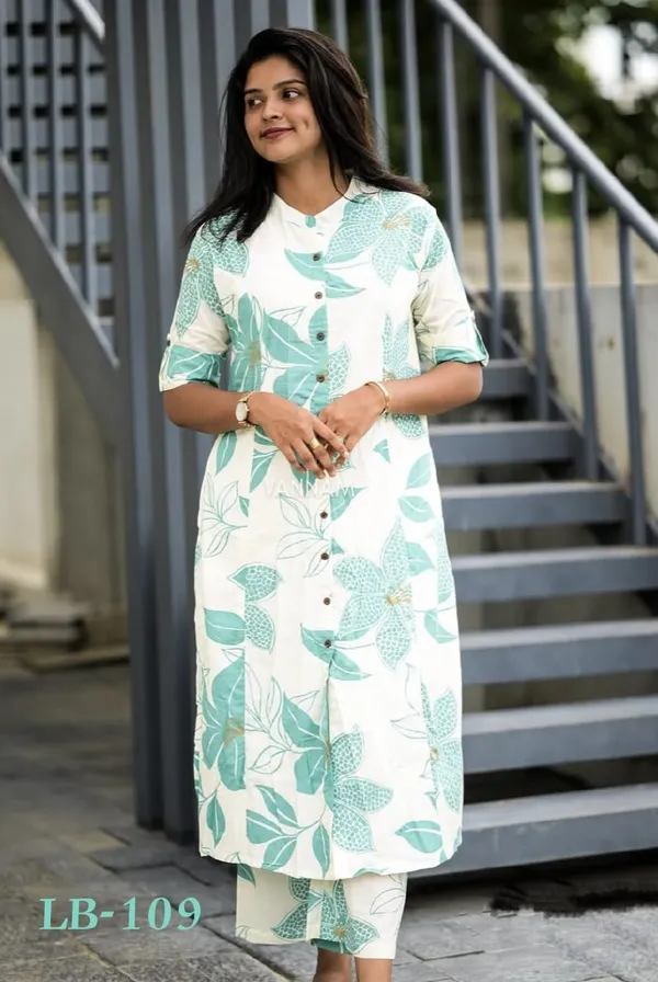 For_Summer_Designer_Cord_Set_With_Aline_Cut_Kurti_Pattern_Paired_With_Ankle_Length_Pant_Top_Aqua_Blue