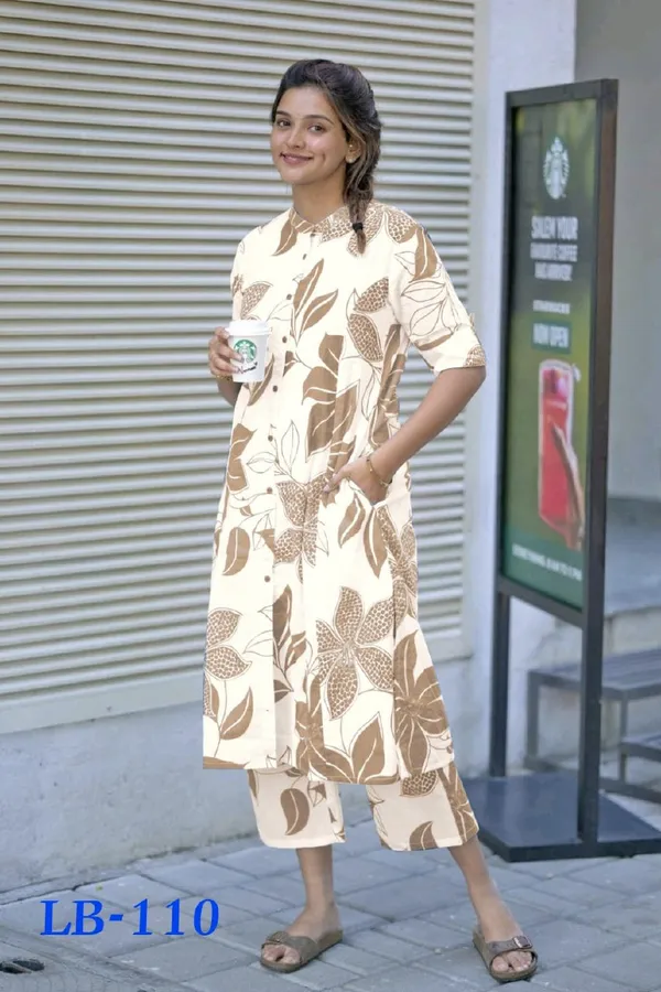 For_Summer_Designer_Cord_Set_With_Aline_Cut_Kurti_Pattern_Paired_With_Ankle_Length_Pant_Top_Beige