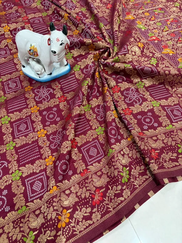 Pure_Soft_Khadi_Dolla_Silk_Bandhej_Saree_Metalic_Wine