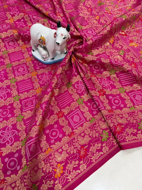 Pure_Soft_Khadi_Dolla_Silk_Bandhej_Saree_Rani_Pink