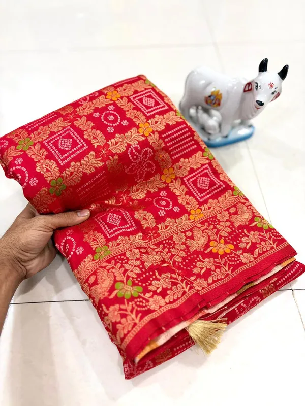Pure_Soft_Khadi_Dolla_Silk_Bandhej_Saree_Red