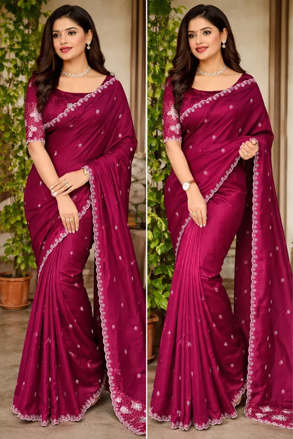Tusser_Cotton_Thread_Embroidery_Work_In_Saree_With_Latest_Cutwork_Wine