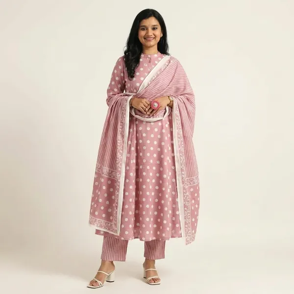 Summer_Season_With_Vibrant_Polka_Dot_Print_Straight_Line_Style_Dupatta_Kurti_Set_Pink
