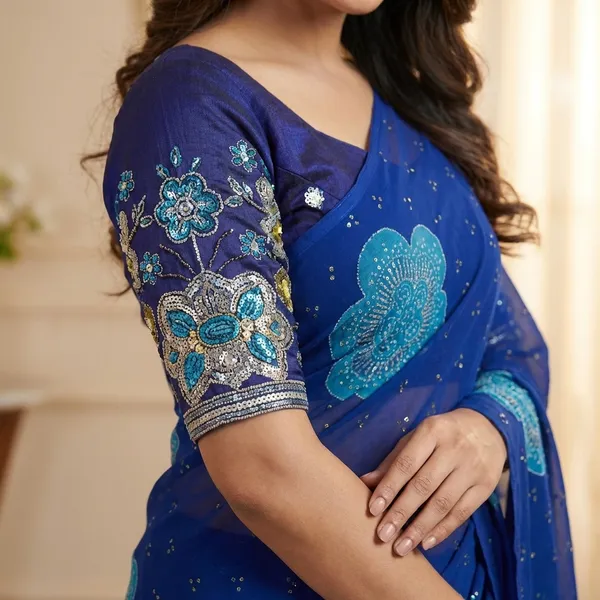 Premium_Georgette_Blossom_Flower_Design_Print_Sequins_Embroidered_Work_In_Blouse_Navy