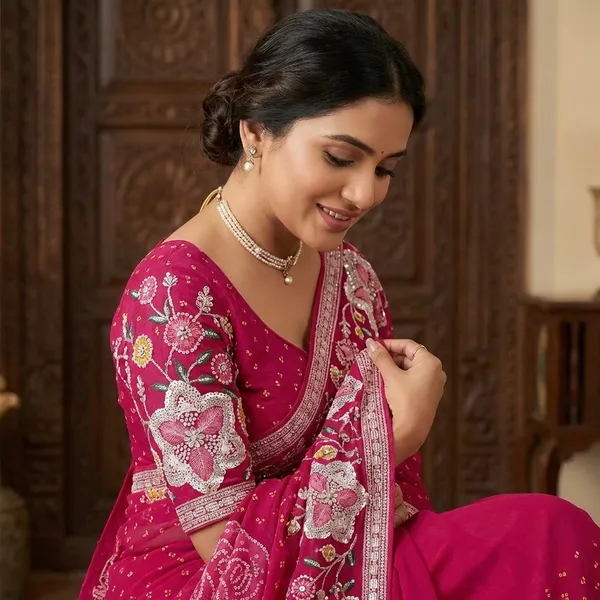 Premium_Georgette_Blossom_Flower_Design_Print_Sequins_Embroidered_Work_In_Blouse_Pink