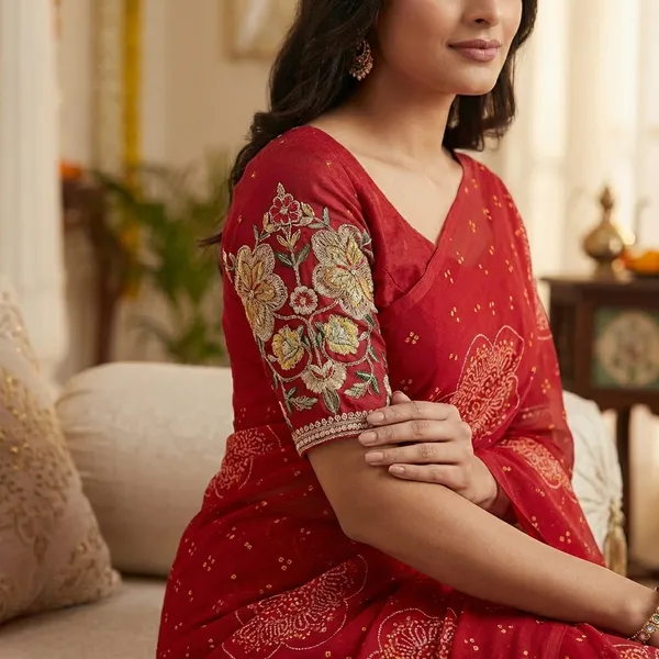 Premium_Georgette_Blossom_Flower_Design_Print_Sequins_Embroidered_Work_In_Blouse_Red