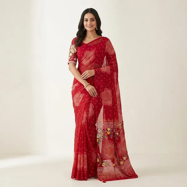 Premium_Georgette_Blossom_Flower_Design_Print_Sequins_Embroidered_Work_In_Blouse_Red