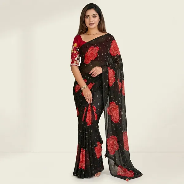 Premium_Georgette_Blossom_Flower_Design_Print_Sequins_Embroidered_Work_In_Blouse_Black