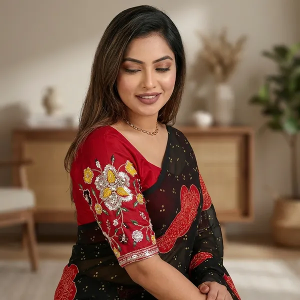 Premium_Georgette_Blossom_Flower_Design_Print_Sequins_Embroidered_Work_In_Blouse_Black