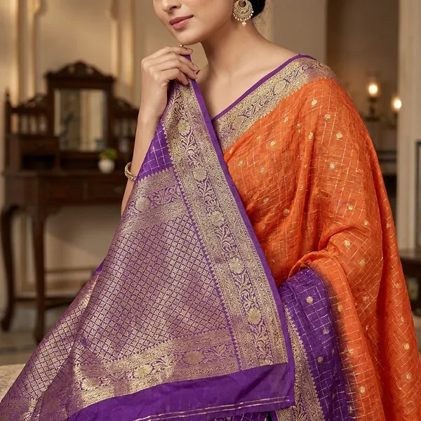 Pure_Chinon_Orange_Purple_Combination_Saree_With_Dyeing_With_Pure_Chinon_Blouse