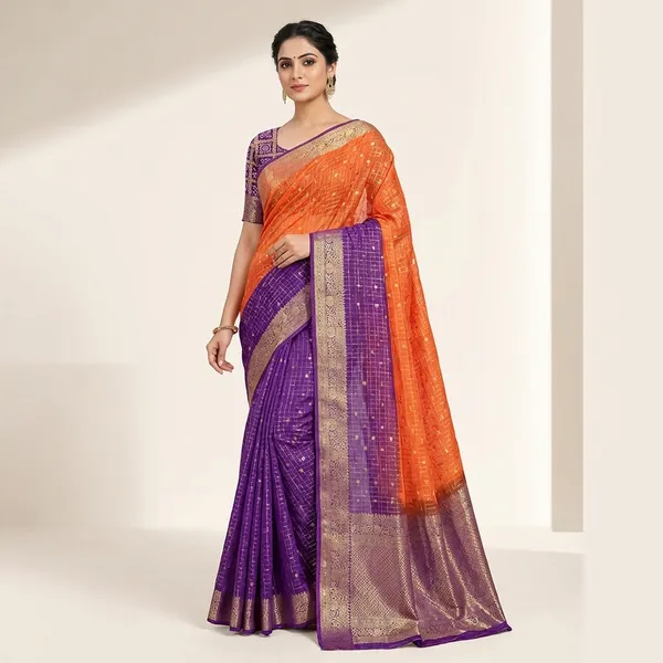 Pure_Chinon_Orange_Purple_Combination_Saree_With_Dyeing_With_Pure_Chinon_Blouse