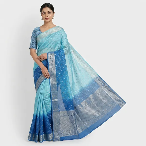 Pure_Chinon_Sea_Blue_Navy_Blue_Combination_Saree_With_Dyeing_With_Pure_Chinon_Blouse