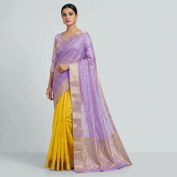 Pure_Chinon_Yellow_Violate_Combination_Saree_With_Dyeing_With_Pure_Chinon_Blouse