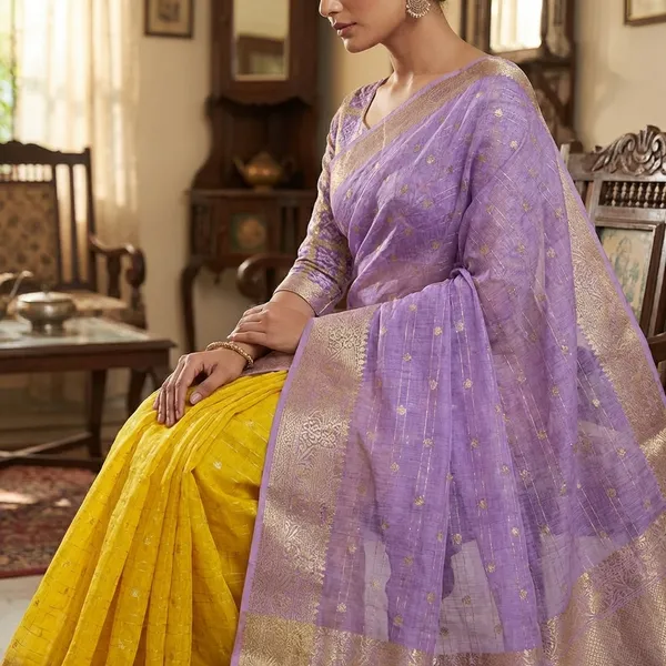 Pure_Chinon_Yellow_Violate_Combination_Saree_With_Dyeing_With_Pure_Chinon_Blouse