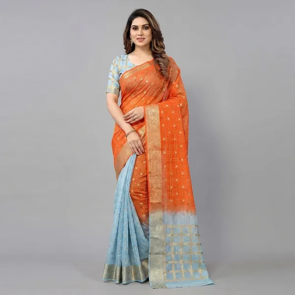 Pure_Chinon_Orange_Sky_Blue_Combination_Saree_With_Dyeing_With_Pure_Chinon_Blouse