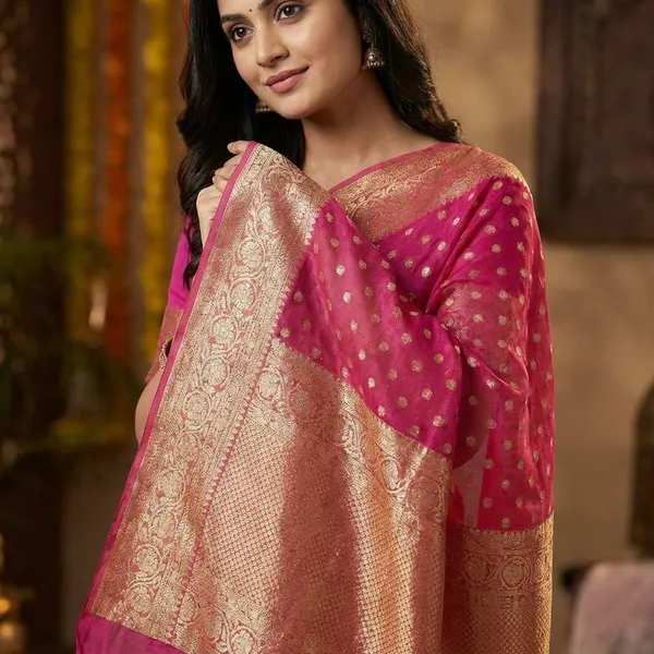 Pure_Viscose_Tissue_Silk_With_Trending_Color_Golden_Shinning_All_Over_With_Running_Blouse_Metalic_Pink