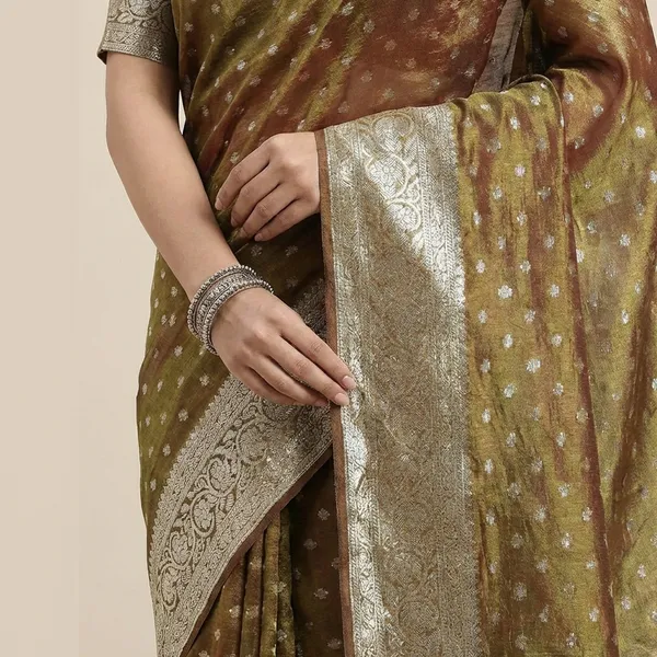 Pure_Viscose_Tissue_Silk_With_Trending_Color_Golden_Shinning_All_Over_With_Running_Blouse_Metalic_Brown