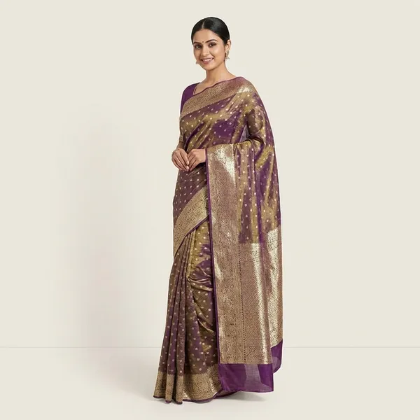 Pure_Viscose_Tissue_Silk_With_Trending_Color_Golden_Shinning_All_Over_With_Running_Blouse_Metalic_Purple