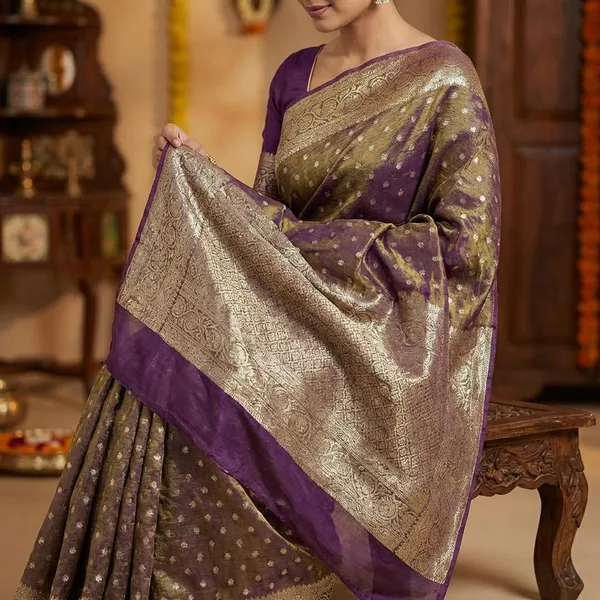 Pure_Viscose_Tissue_Silk_With_Trending_Color_Golden_Shinning_All_Over_With_Running_Blouse_Metalic_Purple
