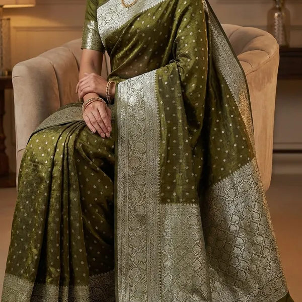 Pure_Viscose_Tissue_Silk_With_Trending_Color_Golden_Shinning_All_Over_With_Running_Blouse_Metalic_Mehandi
