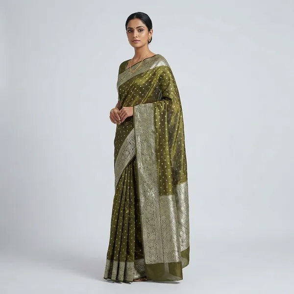 Pure_Viscose_Tissue_Silk_With_Trending_Color_Golden_Shinning_All_Over_With_Running_Blouse_Metalic_Mehandi