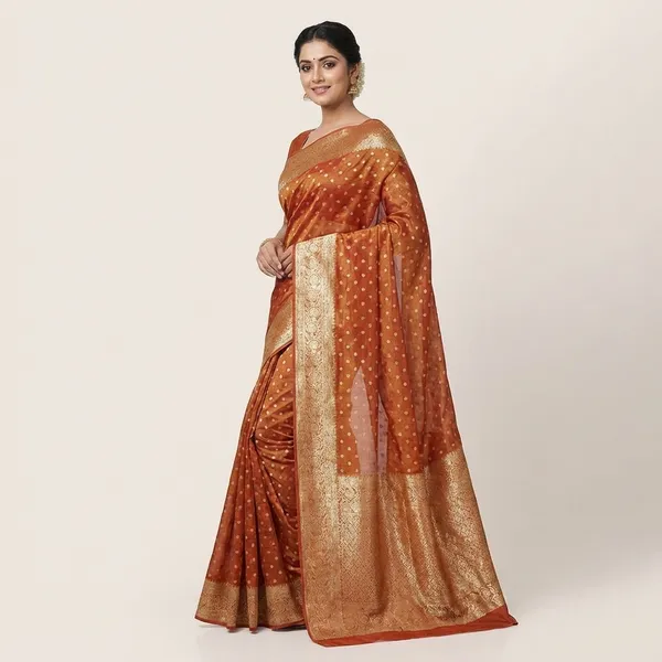 Pure_Viscose_Tissue_Silk_With_Trending_Color_Golden_Shinning_All_Over_With_Running_Blouse_Metalic_Orange