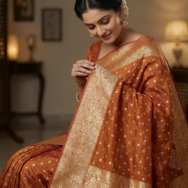Pure_Viscose_Tissue_Silk_With_Trending_Color_Golden_Shinning_All_Over_With_Running_Blouse_Metalic_Orange