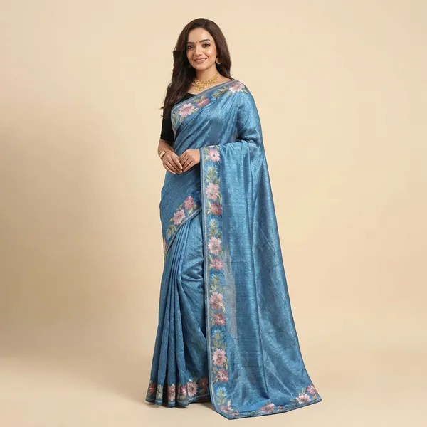 Pure_Tusser_Cotton_Silk_Premium_Contrast_Embroidery_All_Over_The_Border_With_Floral_Pattern_Blue