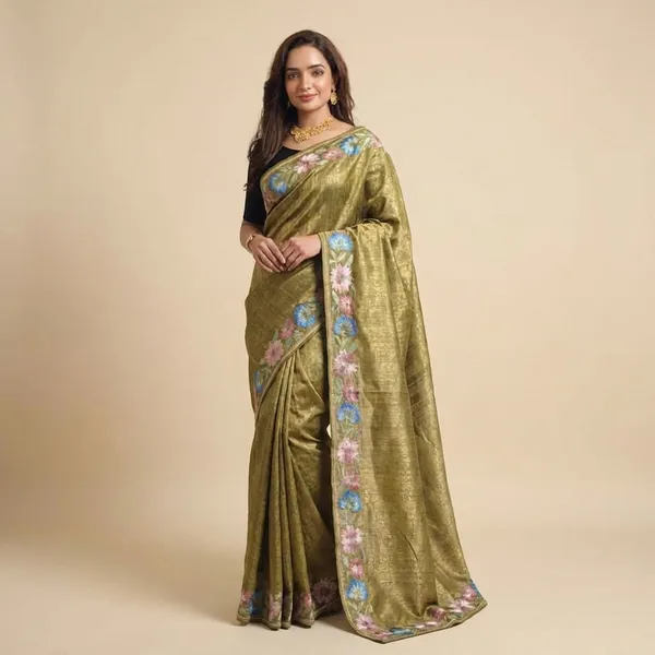 Pure_Tusser_Cotton_Silk_Premium_Contrast_Embroidery_All_Over_The_Border_With_Floral_Pattern_Olive_Gold