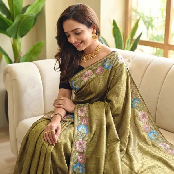 Pure_Tusser_Cotton_Silk_Premium_Contrast_Embroidery_All_Over_The_Border_With_Floral_Pattern_Olive_Gold