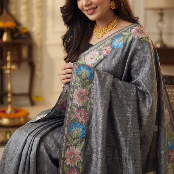 Pure_Tusser_Cotton_Silk_Premium_Contrast_Embroidery_All_Over_The_Border_With_Floral_Pattern_Grey