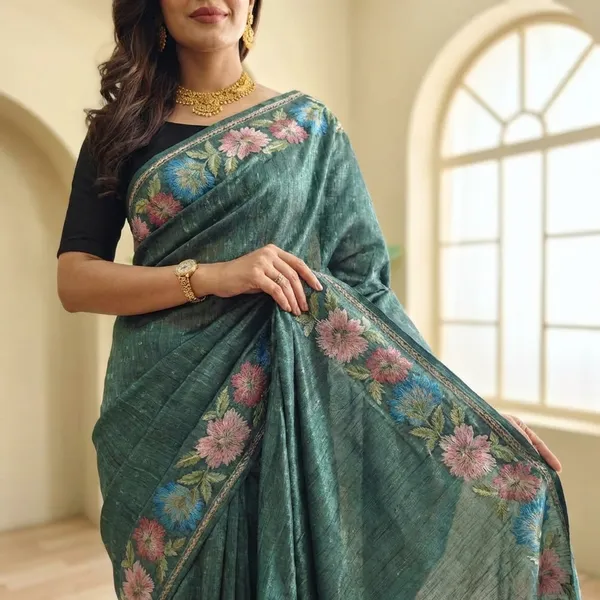 Pure_Tusser_Cotton_Silk_Premium_Contrast_Embroidery_All_Over_The_Border_With_Floral_Pattern_Teal