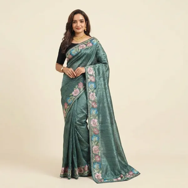 Pure_Tusser_Cotton_Silk_Premium_Contrast_Embroidery_All_Over_The_Border_With_Floral_Pattern_Teal
