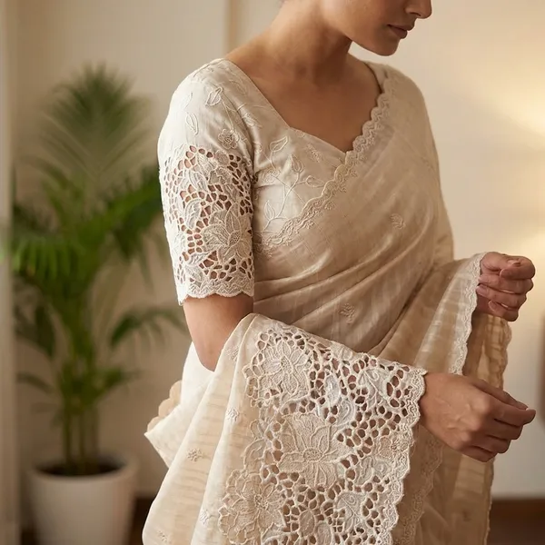 Tusser_Cotton_Thread_Embroidery_Work_In_Saree_With_Latest_Cutwork_White_Red