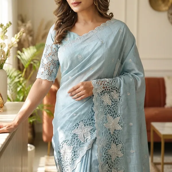 Tusser_Cotton_Thread_Embroidery_Work_In_Saree_With_Latest_Cutwork_Sky_Blue
