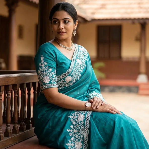 Tusser_Cotton_Thread_Embroidery_Work_In_Saree_With_Latest_Cutwork_Peacock_Blue