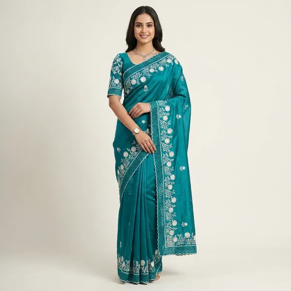 Tusser_Cotton_Thread_Embroidery_Work_In_Saree_With_Latest_Cutwork_Peacock_Blue
