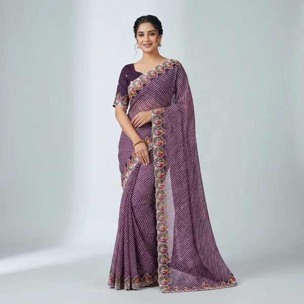 Megha_Cotton_Embroidered_Saree_With_Zari_Border_And_Bandhani_Print_Purple
