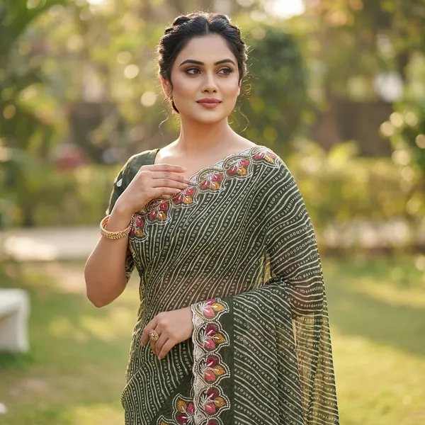 Megha_Cotton_Embroidered_Saree_With_Zari_Border_And_Bandhani_Print_Metalic_Mehandi
