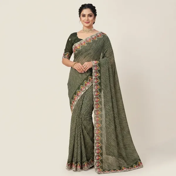 Megha_Cotton_Embroidered_Saree_With_Zari_Border_And_Bandhani_Print_Metalic_Mehandi